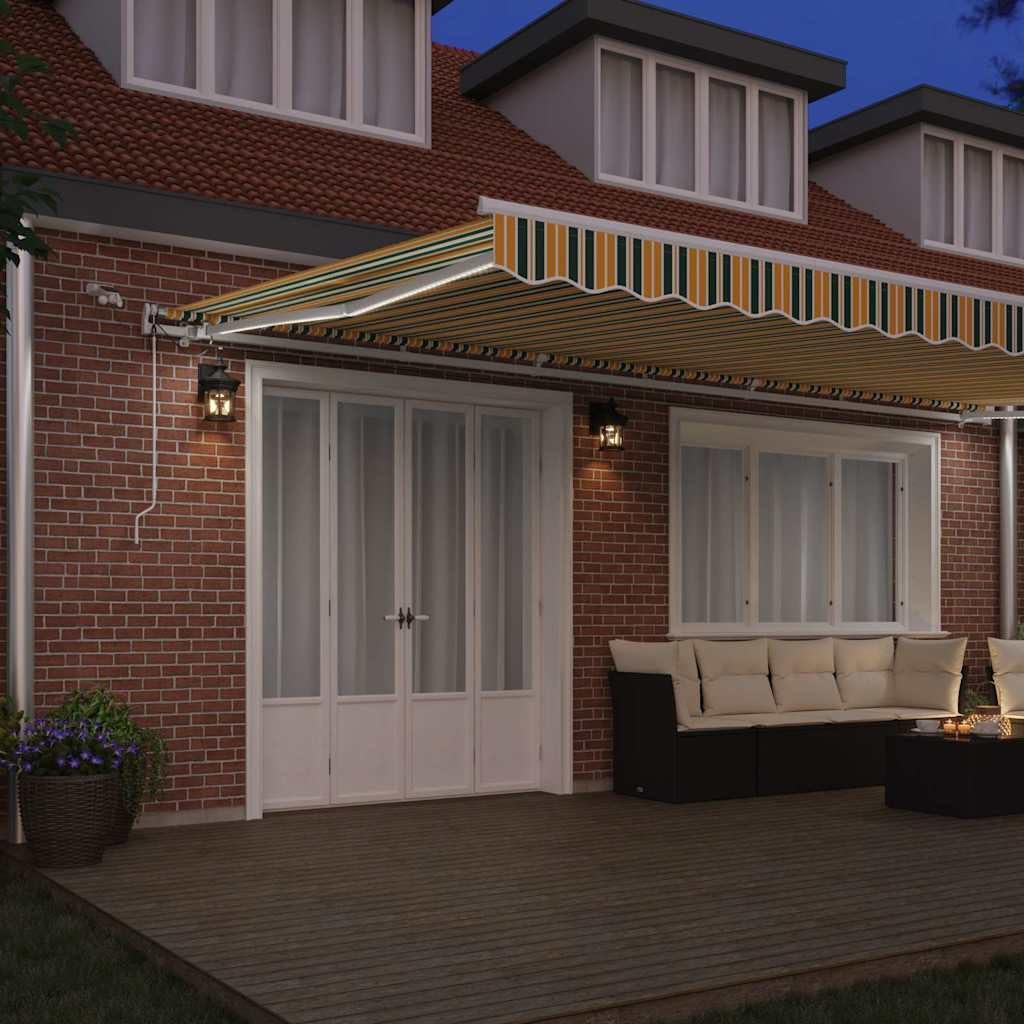 Auvent rétractable automatique avec LED - 600 x 300 cm - Polyester et métal - Vert et jaune - Pour terrasse et jardin