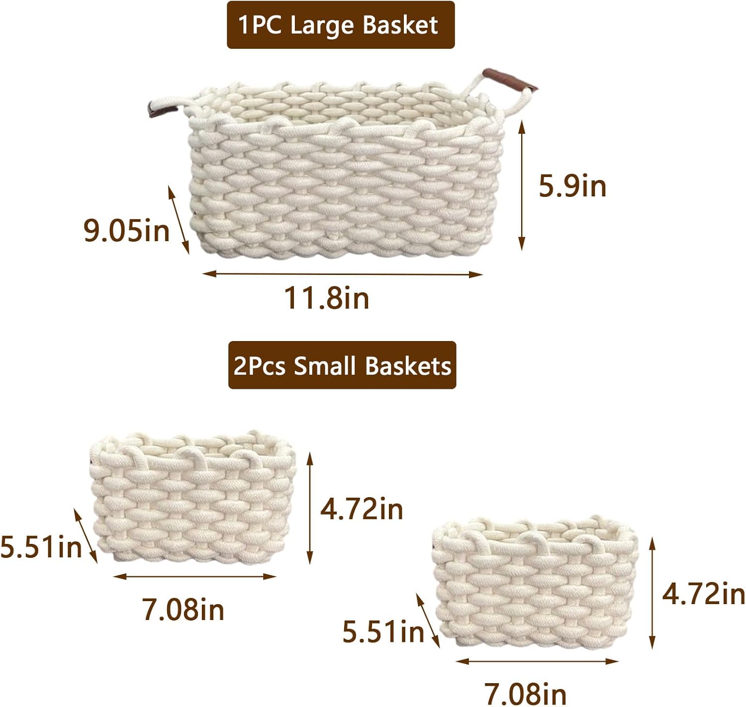 3 Pack Small Cotton Rope Basket with Handles Woven Storage Basket Rectangle Stackable Nursery Storage Baskets Decorative Shelf Basket Organizer Gift Baskets for Toys Small Items(White)