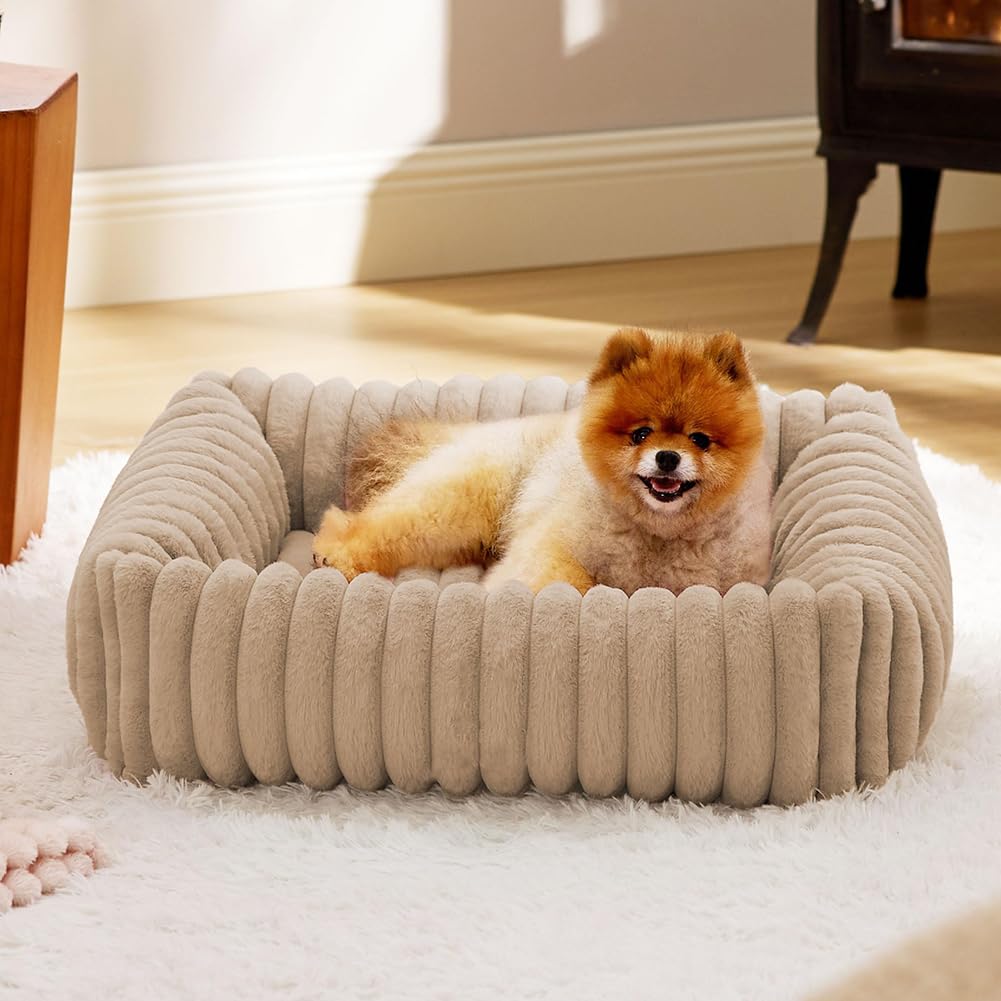 Lit pour Chien Orthopedique Dehoussable,Panier pour Chien Antidérapant,Canapé Lavable,Coussin Chiens pour Petits Chiens et Chats,Poignée de Transport Facile (Brun Clair,63 * 53 * 18CM)