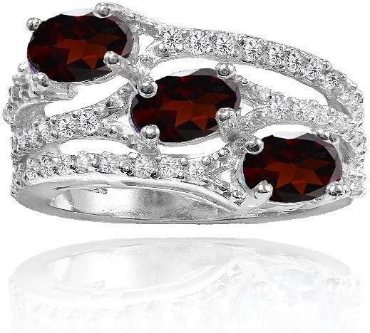 Ice Gems Sterling Silver Garnet and White Topaz Oval Three Stone Ring