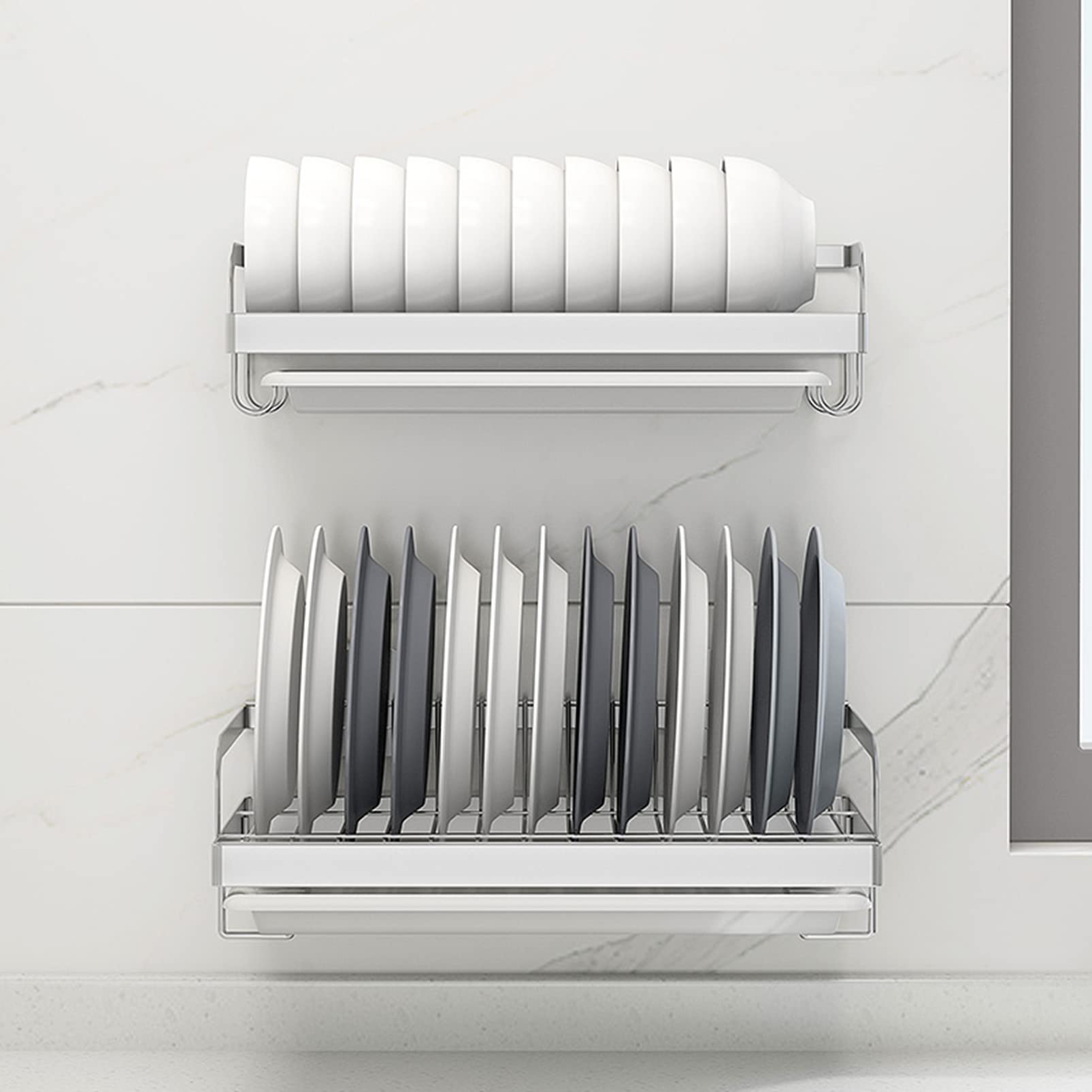 Escurridor de platos de acero inoxidable con soporte para cubiertos de pared y bandeja de drenaje para un almacenamiento y organización eficientes de la cocina