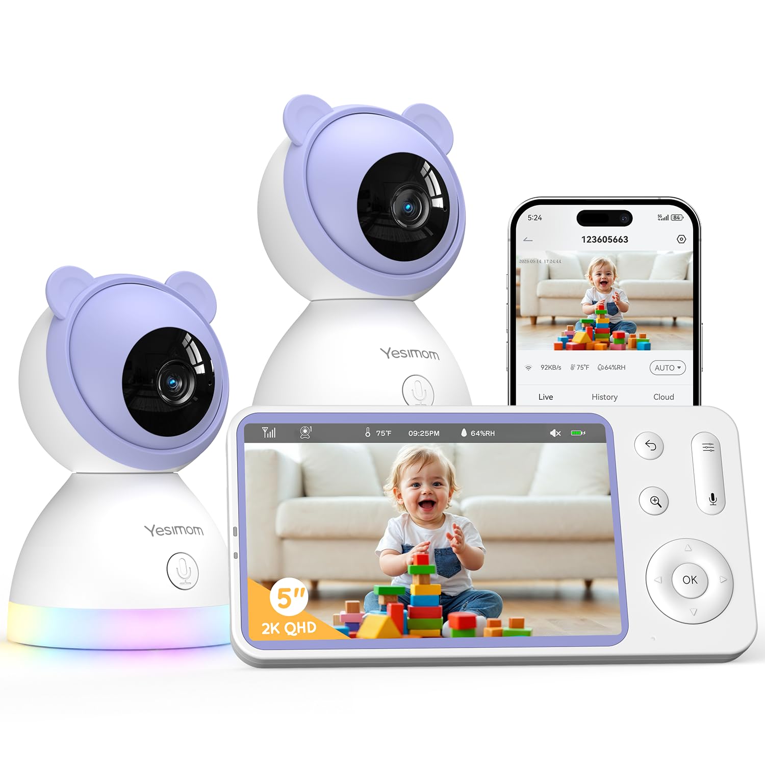 Sistema Vigilabebes 2K con Pantalla IPS de 5” y 2 Cámaras | App y WiFi, PTZ 360°, Seguimiento Automático, Detección Inteligente de Llanto con Alerta, para Gemelos y Dos Habitaciones Global Recycled Standard Global Recycled Standard Global Recycled Standard
