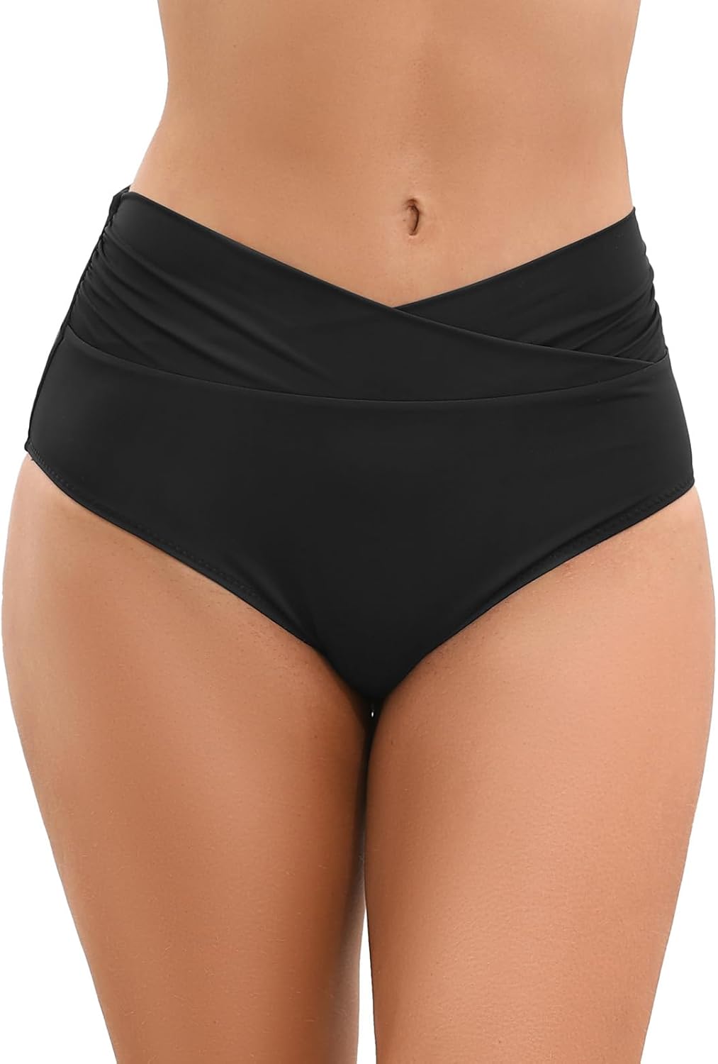 SHEKINI Women's Bikini Bottoms High Waist Tummy Control Cross Ruched Retro Swim Bottom