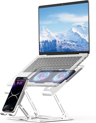 Soporte para laptop con ventilador, soporte de refrigeración para MacBook con 2 ventiladores silenciosos extraíbles y soporte para teléfono, altura
