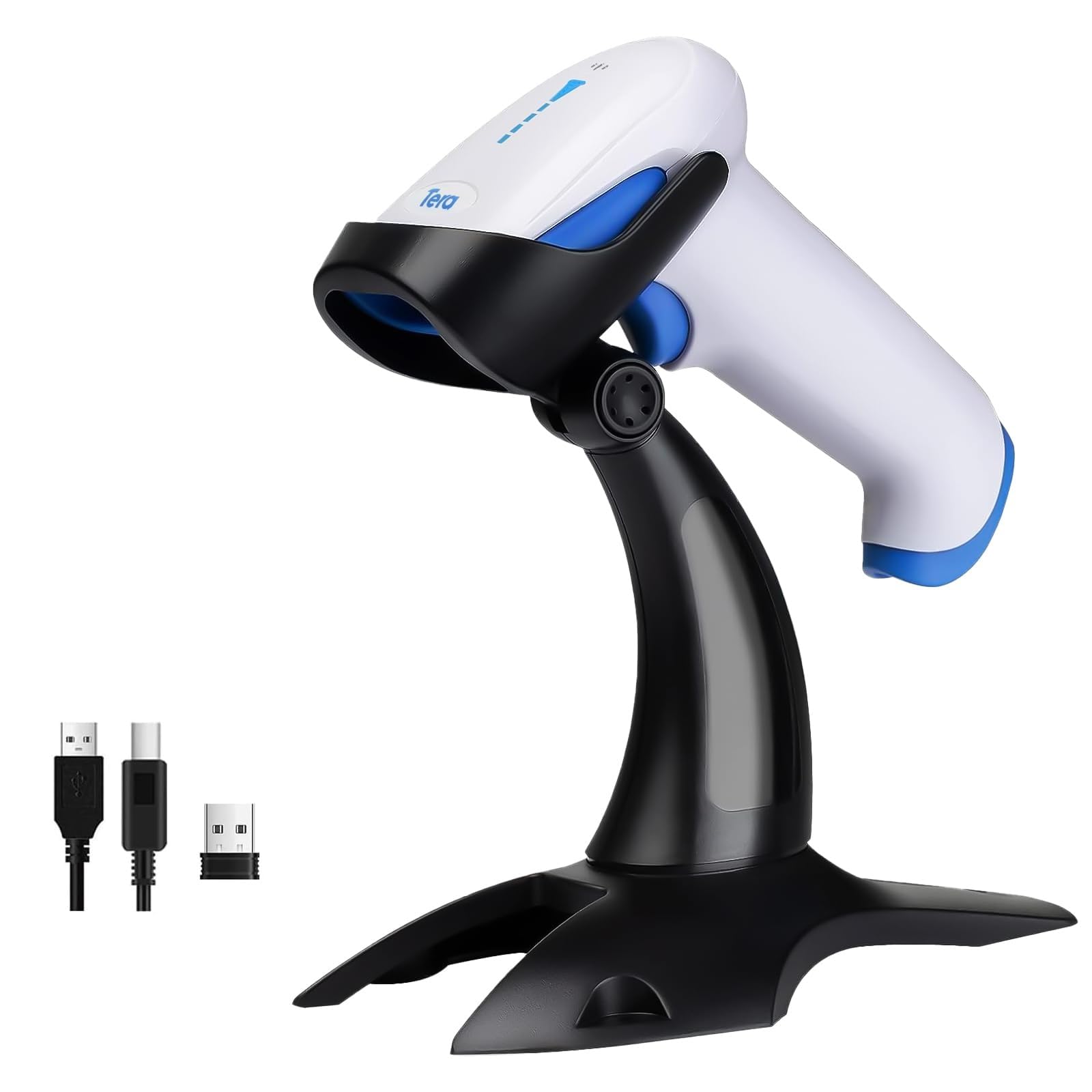 Tera Barcode Scanner Wireless 1D 2D QR with Stand: Battery Level Indicator 3 in 1 Works with Bluetooth 2.4G Wireless USB Wired Handheld Bar Code Reader with Vibration Alert HW0002 White