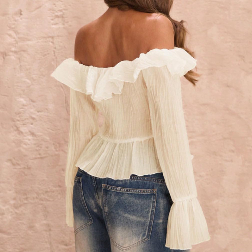 Women Sexy Off Shoulder Open Front Ruffle Trim Crop Blouse Y2k Bell Long Sleeve Bow Tie Up See Through Shirt Top - Image 4