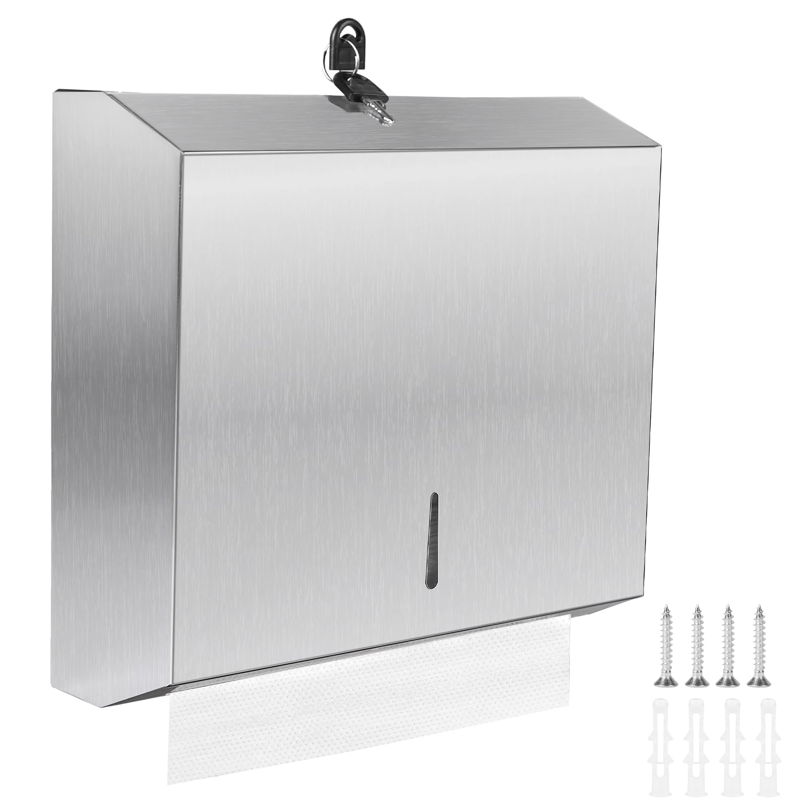DBREAKS Edelstahl Papierhandtuchspender, 28.3*26.3*10CM Handtuchspender, Wandmontage Papierspender, Abschließbar Handtuchpapierspender, Papierhandtücher für 250 bis 400 Papierhandtücher(Gebürstet)
