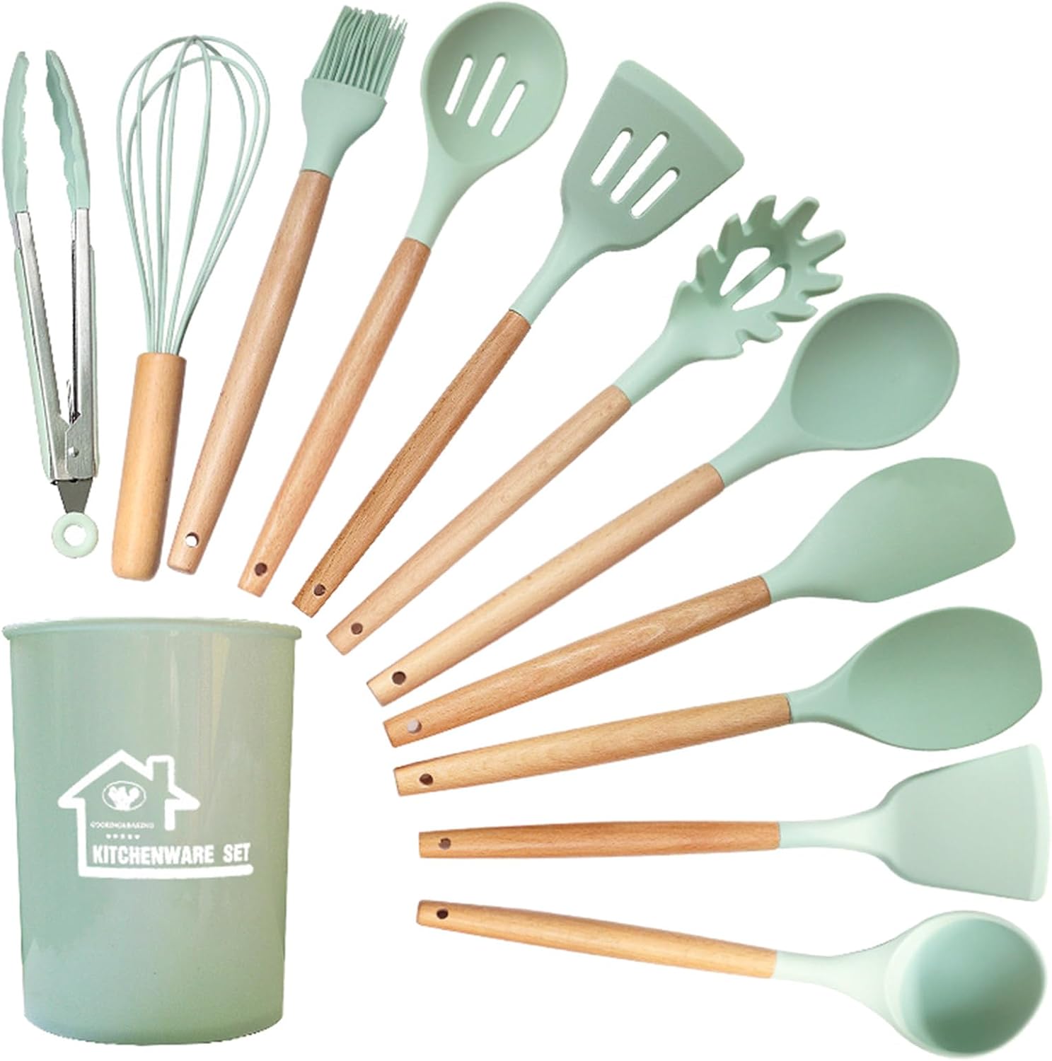 12Piece Silicone Turner Tongs Spatula Spoon Kitchen Gadget Utensil Set for Nonstick Cookware with Wood Handle Home Kitchen Utensils Spatula Set Wedding Party Gift, Light Green