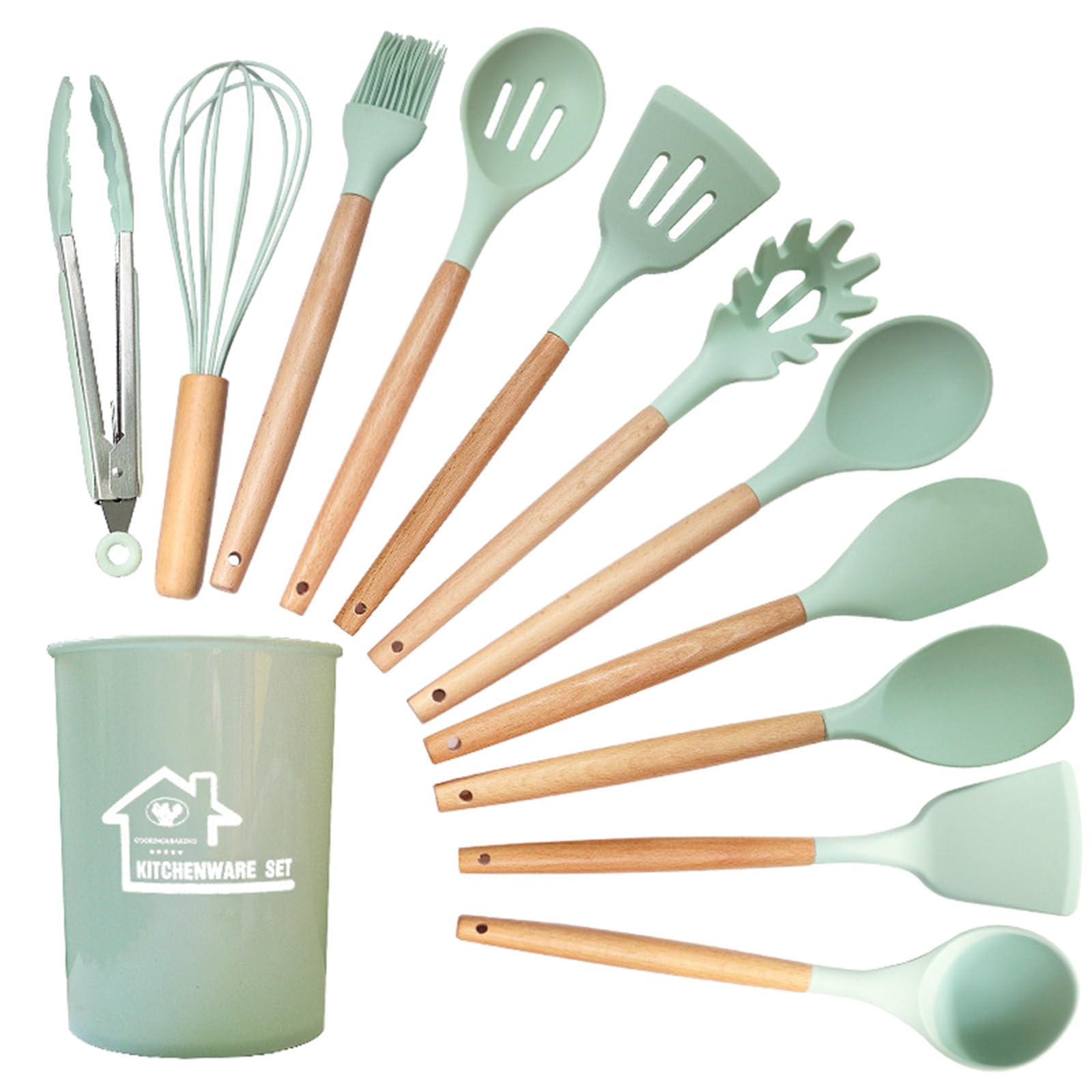 Tsophreniq 12Piece Silicone Turner Tongs Spatula Spoon Kitchen Gadget Utensil Set for Nonstick Cookware with Wood Handle Home Silicone Cooking Utensils Spoon and Spatula