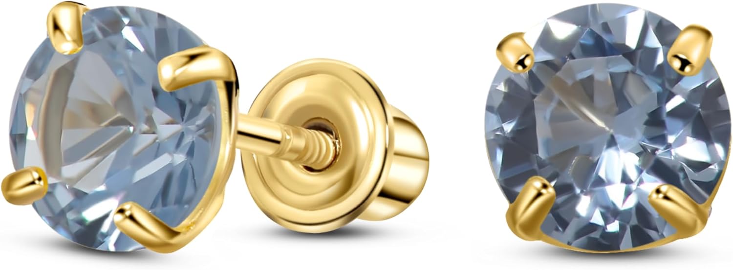 Solid 14K Gold Round Solitaire Simulated-Birthstone Minimalist Stud Earring with Comfort Screw Backing