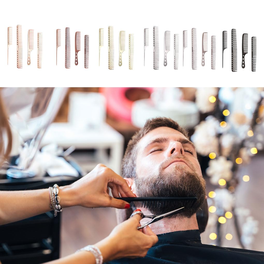 5er-Set, 4er-Pack/Los, ergonomischer Griff für bequemeres Kämmen, bequemer zu halten, Metall-Haarschneidekamm, helles Silber