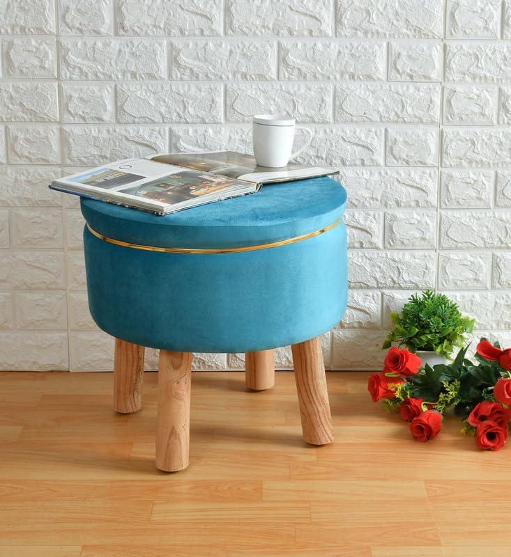 Image of Premium Velvet Round Ottoman Printed Stool Cover - Ottoman Slipcover for Vanity & Footstool - Washable, East to Remove & Fits in 16-Inch Diameter, 8 Inch Box Height (Aqua)