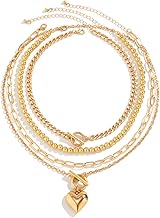 Big Heart Pendant Necklace for Women,Layered Gold Necklace,Hip Hop Beaded Choker Stack with T-Bar Toggle Clasp, Paperclip, Herringbone, and Cuban Link Rope Necklaces for Simple and Edgy Style.