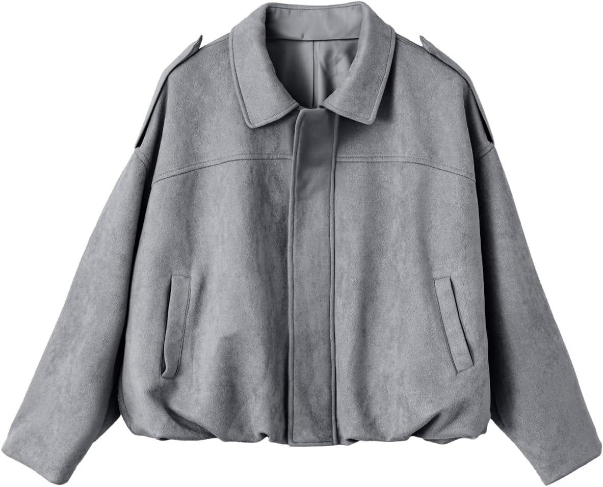 EVALESS Womens Faux Suede Bomber Jackets Long Sleeve Spring Coats Zip Up Cropped Jacket Trendy Outerwear with Pockets