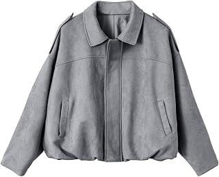 EVALESS Womens Faux Suede Bomber Jackets Long Sleeve Fall Coats Zip Up Cropped Jacket Trendy Winter Warm Outerwear