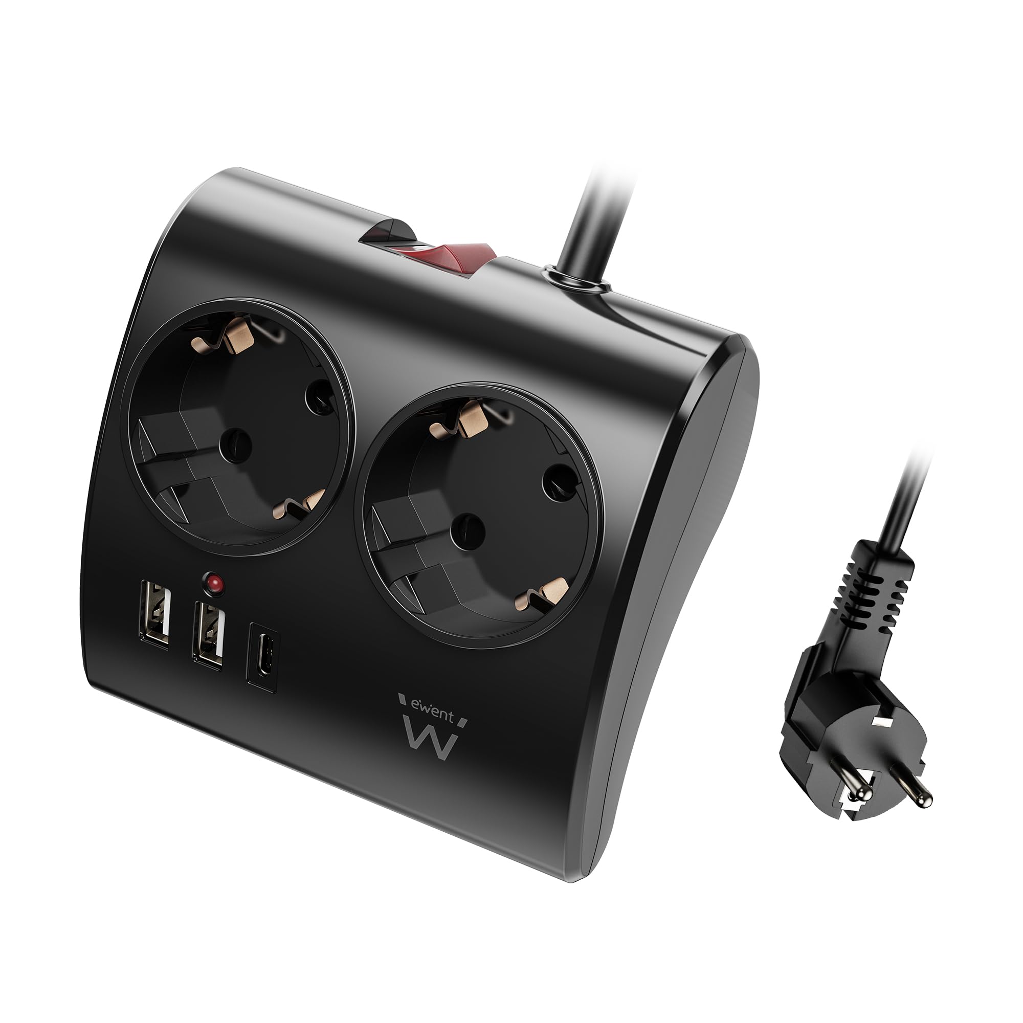 Ewent Multipresa da scrivania/tavolo con 2 Prese Schuko e 2 porte USB-A e 1 porta USB-C, Interruttore ON/OFF, 3680W, Protezione da Sovraccarico, Spina Schuko 16A e cavo da 1.5mt, Nera