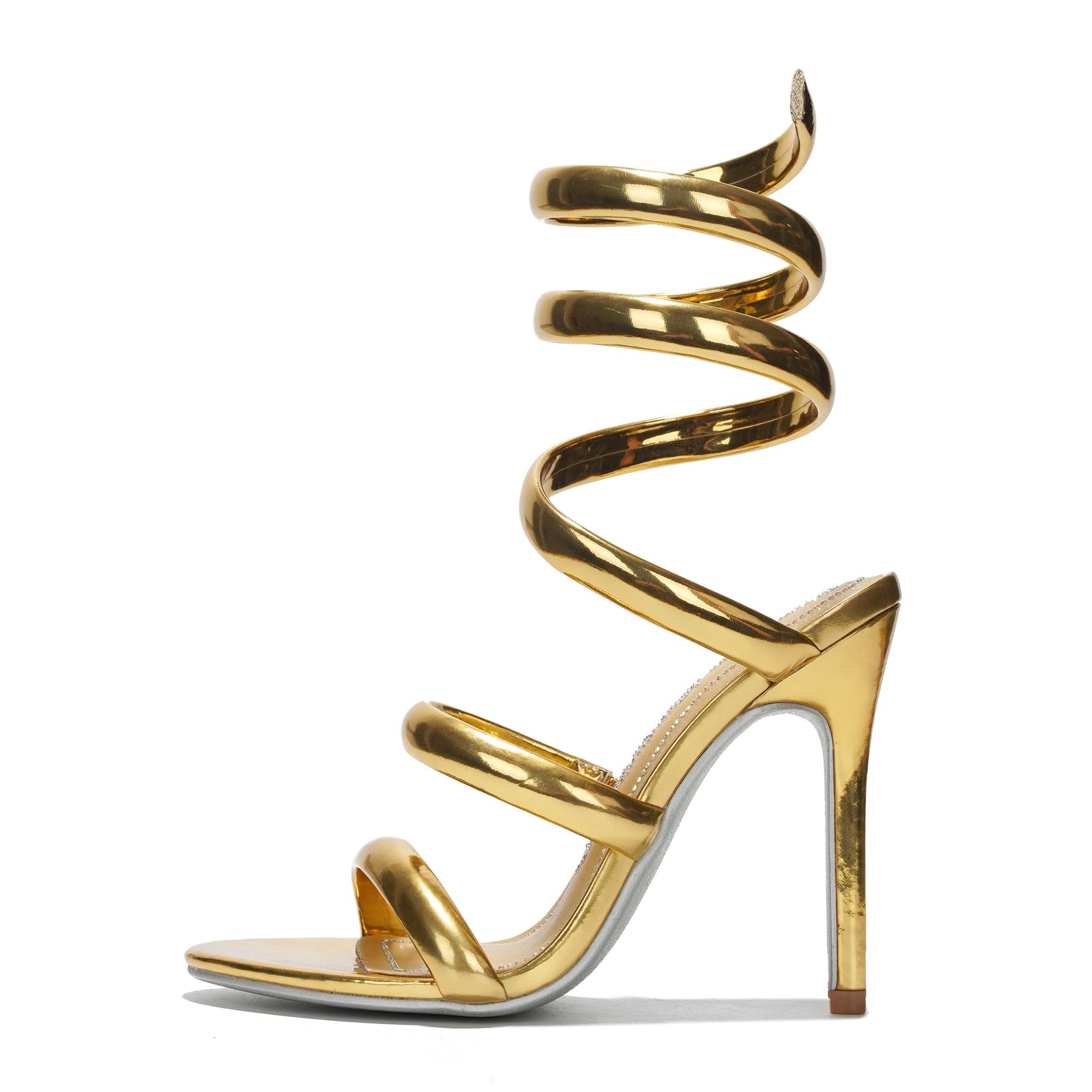 Cape Robbin Women's Metallic Heels - Ankle Wrap Stiletto Sandals 4 Inch, Open Round Toe High Heel Sandals for Women, Shiny Evening Heels (Faydra)