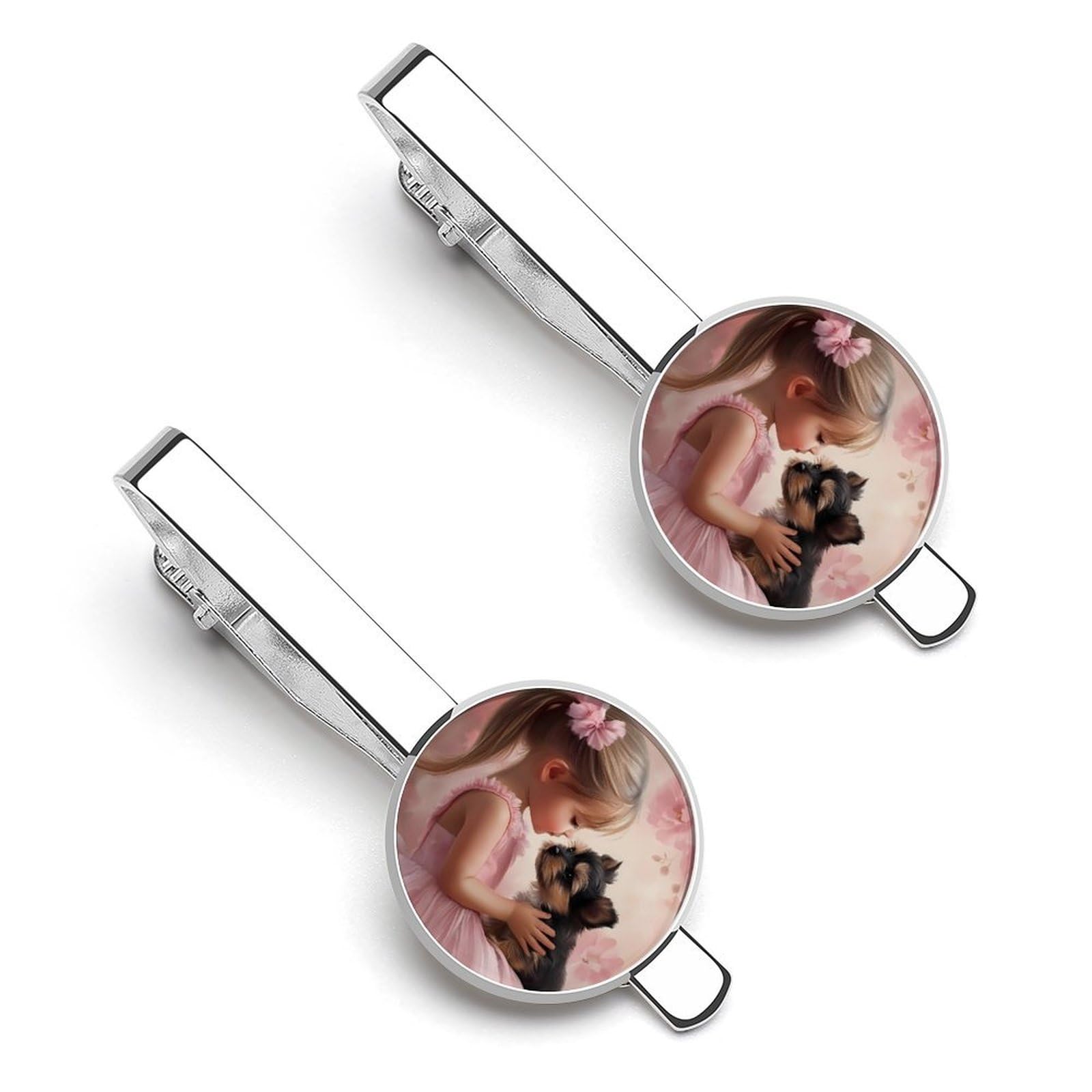 Best Friend Girl And Yorkie Men's Tie Clip Tie Bar Round Tie Clasp Classic Tie Tack Pins Jewelry Accessories
