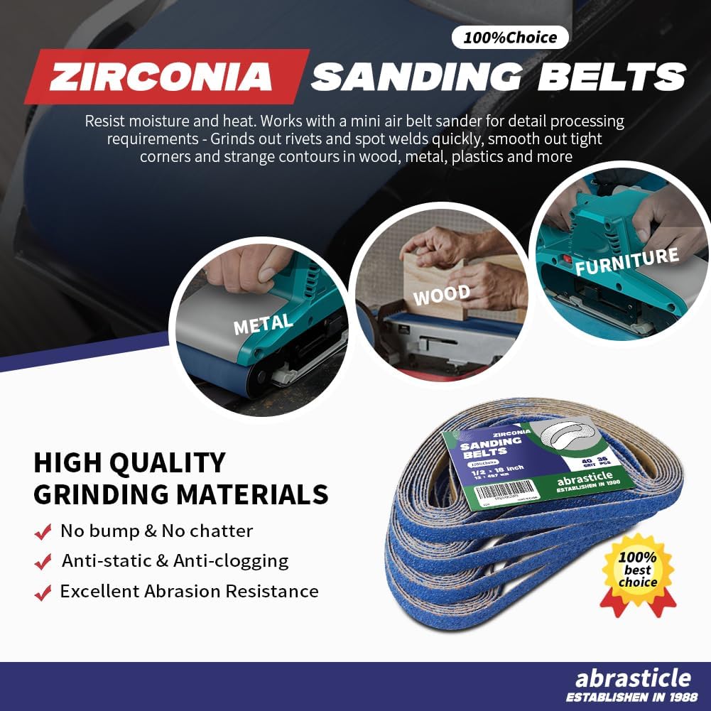 1/2" x 18" Zirconia Sanding Belts for Metal - 1/2 x 18 Inch Zirconia Metal Grinding Sand Paper, 36 PCS 40 Grits, Perfect for Knife Blade Sharpening, Metal Polishing, Derusting, Woodworking