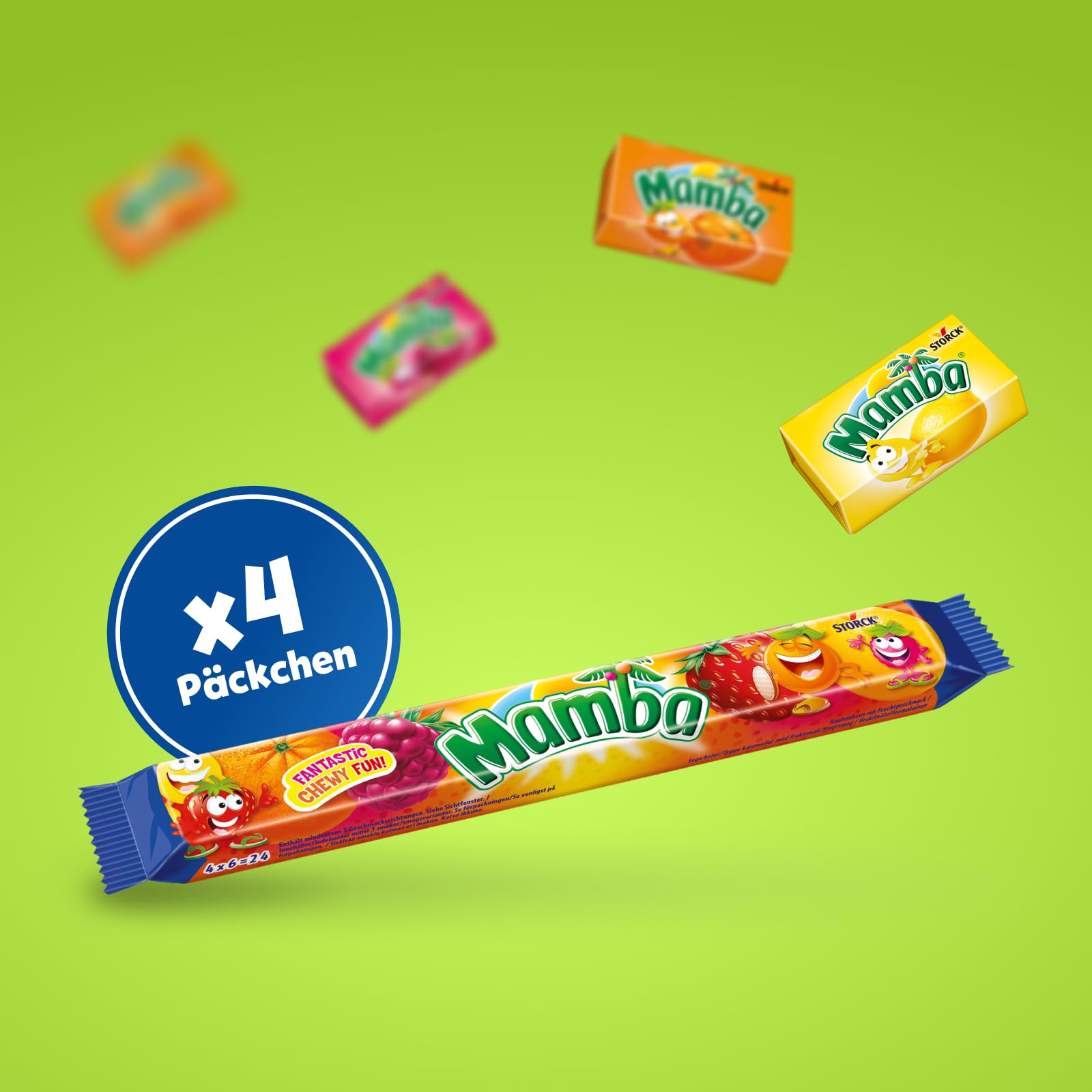 Mamba – 24 x 106g (4er Stange) – Leckere Kaubonbons mit Fruchtgeschmack in vier verschiedenen Sorten – Süßigkeiten Mix