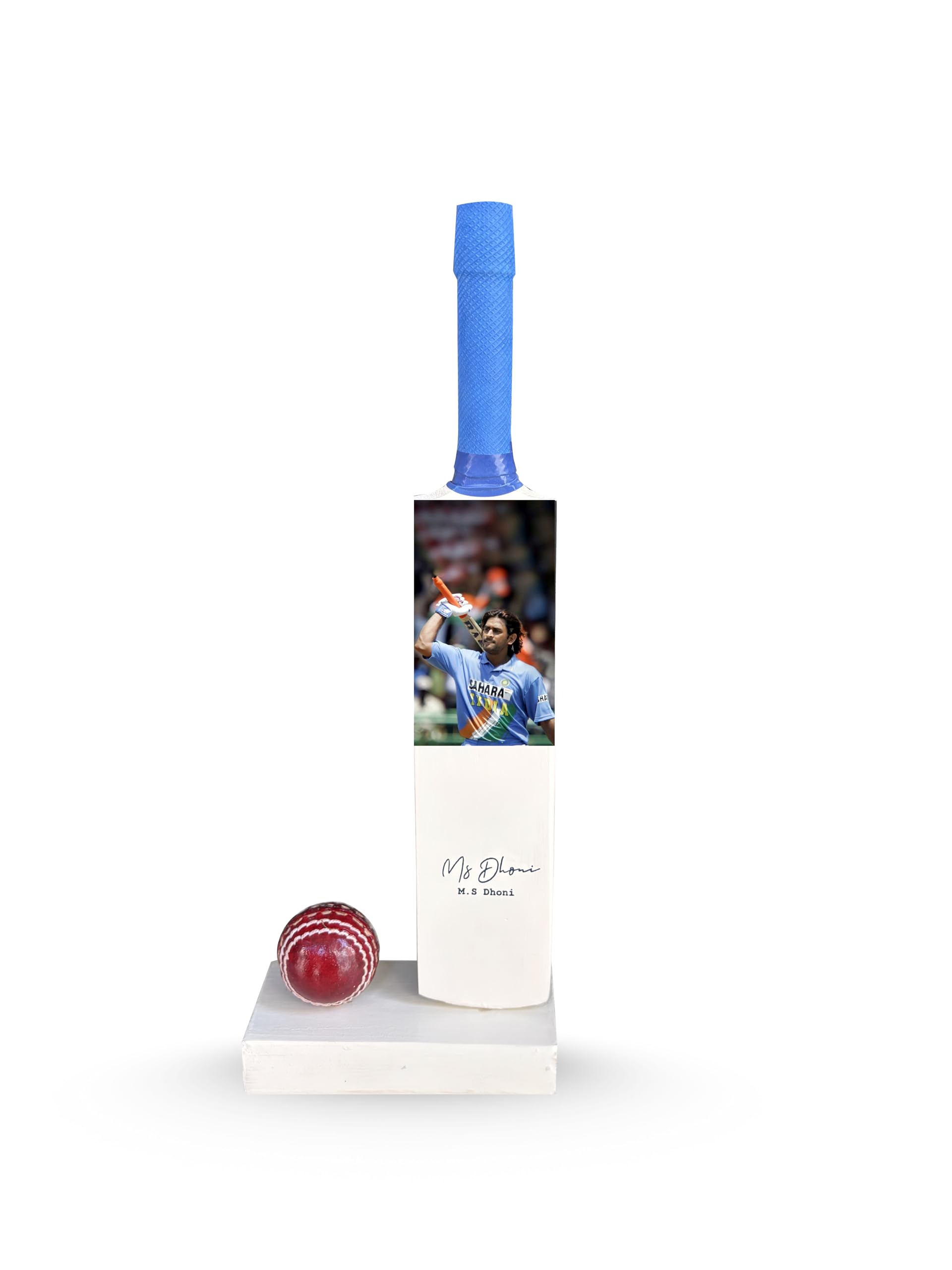 Frixan™ M.S. Dhoni Showpiece Miniature Bat and Leather Ball with Printed Autograph (Not Original) for Show Piece & Gift Purpose-image-2