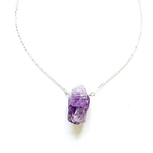Joyfulmuze Raw Amethyst Necklace Natural Energy Healing Stone Purple Pendant Crystal Sterling Silver Chain Handmade Jewelry for Women and Man Dainty