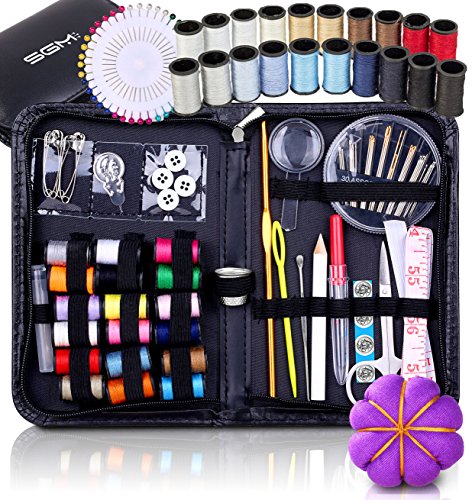SGM Art Mini Sewing Kit for Travel,120 Pieces - 38 Thread Reels, Pin Cushion, Sewing Supplies in Zippered PU Leather Compact Case Bag, Light Weight, Durable Emergency DIY Sew -Adults, Kids, Beginners