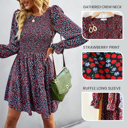Image of KIRUNDO Long Sleeve Dress for Women 2025 Summer Fall Wedding Guest Smocked Floral Crewneck Ruffle A Line Flowy Mini Dress