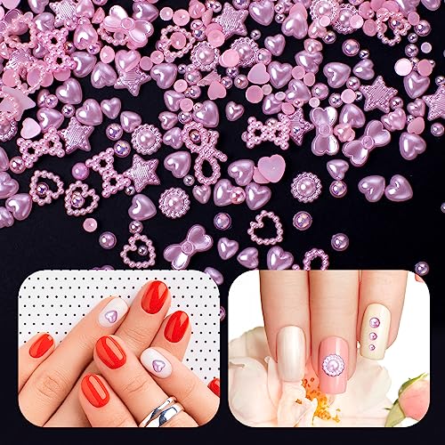 500Pcs Pink Pearls Heart Nail Charms Mixed Styles Flatback Heart Bowknots Star Cute Assorted Pink Pearls Heart Beads 3D Nail Art Charms Material Embellishments For Nail Art Diy Crafts Accessories #TOP6
