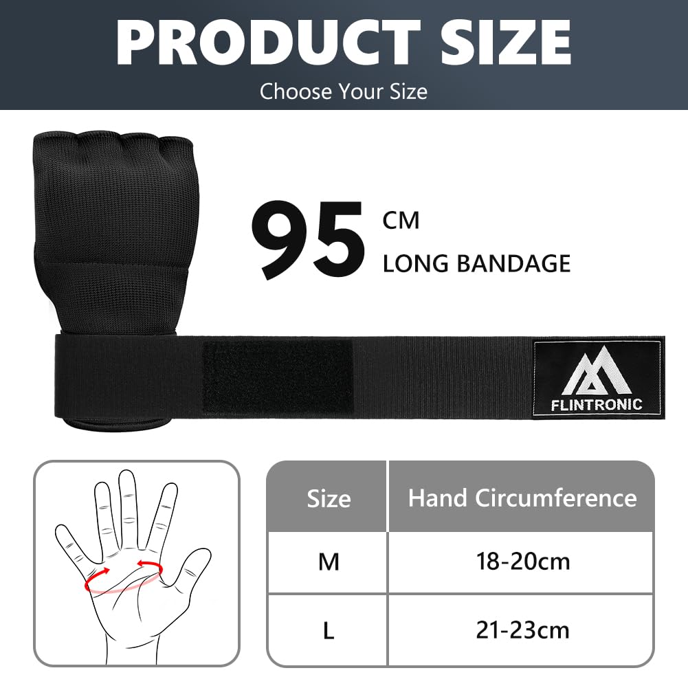 flintronic Żelowe rękawice bokserskie, wewnętrzne, 95 cm, szybkie długie paski na nadgarstek, elastyczne, wyściełane, do MMA, muay thai, kickboxingu, treningu sztuk walki, sportów walki