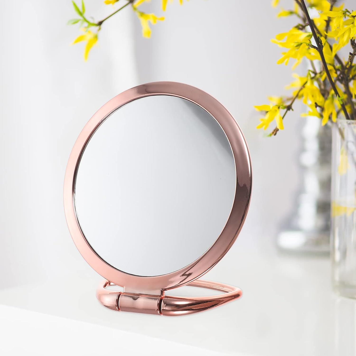 FRCOLOR Handheld Cosmetic Mirror Double Sided Folding Makeup Mirror Magnifying Hand with Folding Handle Portable Travel for Skin Care Tweezing and Desktop Use image 3