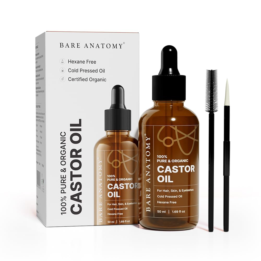 Bare Anatomy 100% Pure & Organic Castor Oil Cold Pressed, Unrefined, USDA Certified, Hexane-Free | For Hair Growth, Thicker Eyelashes & Eyebrows| Suitable for Body, Skin & Nails | 50 ml