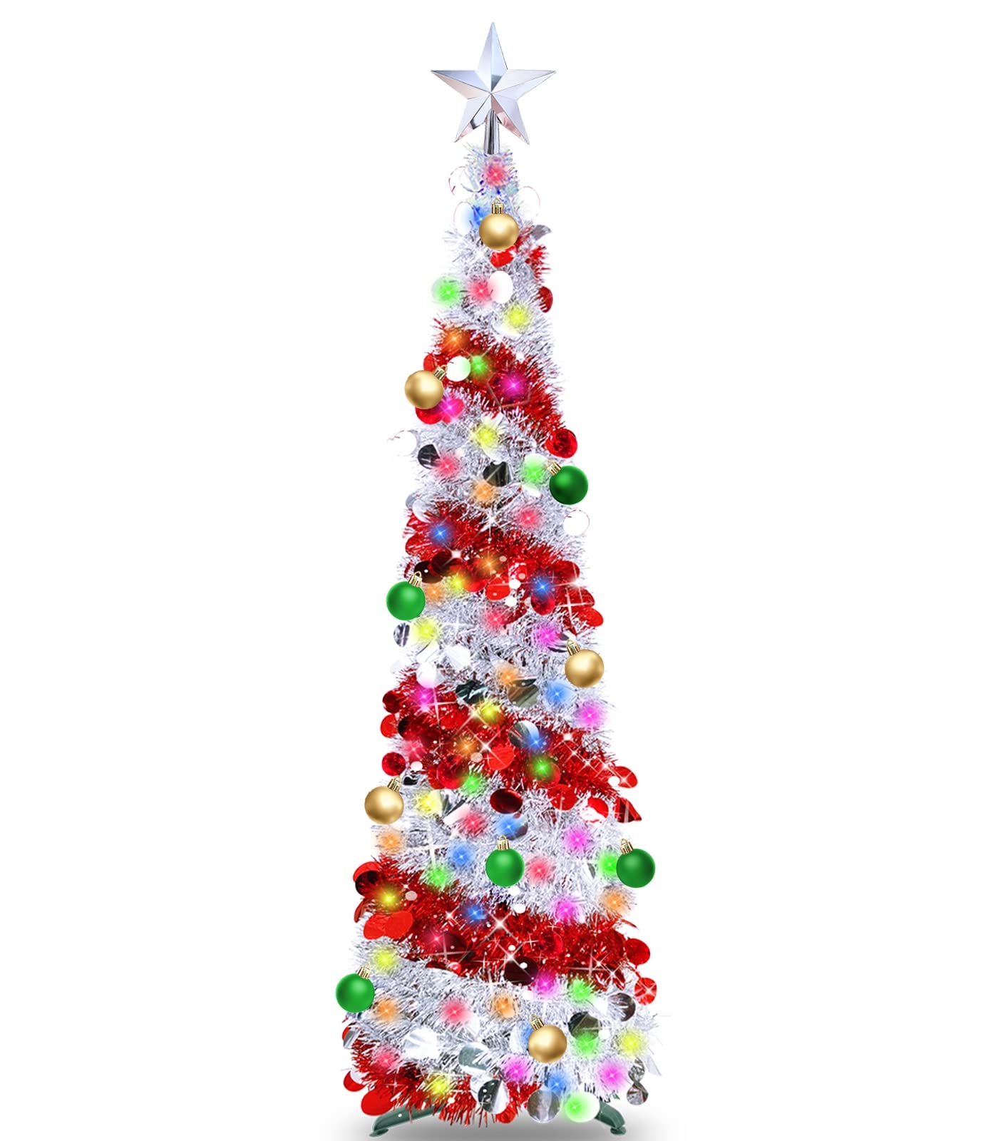 5 Ft Pencil Valentines Day Tree with Lights Timer Balls Ornaments 50 Multi- Color LED 3D Star Sequins Tinsel Full Tree Decorations Home Indoor Outdoor Holiday Room Valentines Day Decor(Silver Red)