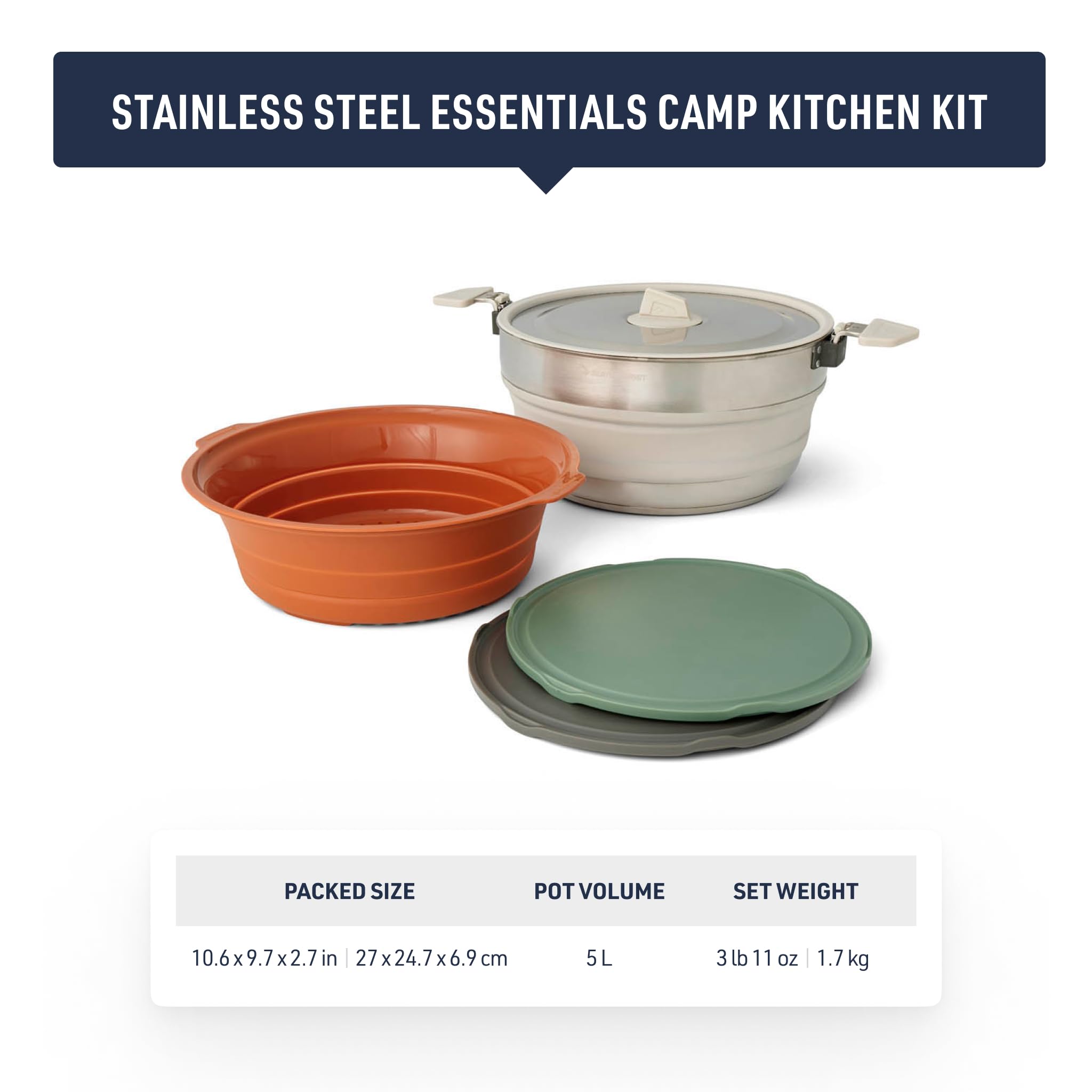 SEA TO SUMMIT - Detour Essentials Camp Kitchen Kit - 2-4 persone, 4 pezzi - Pentola pieghevole da 5 l e colino + coperchio + 2 taglieri - Senza BPA - Pentole da campeggio in silicone e acciaio inox -