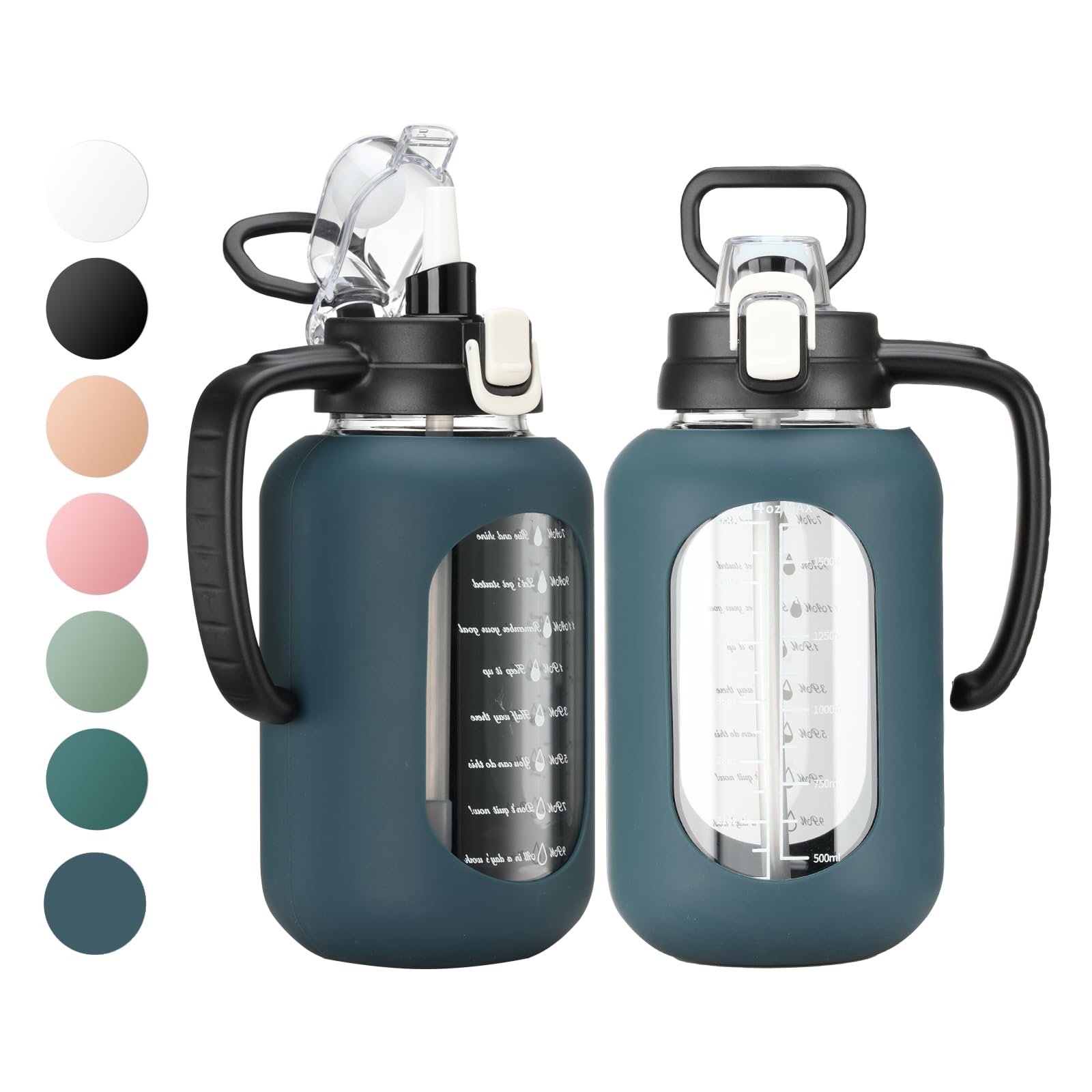 64 oz Glass Water Bottle with Handle and Straw Large 2L Water Bottle with Time Markers and Silicone Sleeve Half Gallon Water Jug BPA Free for Gym