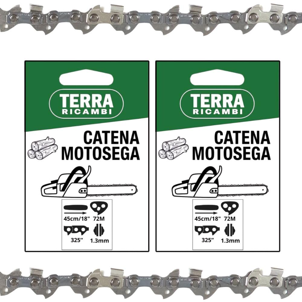 Set 2 Catene Motosega passo 325” spessore 1.3mm – 72 Maglie per Barra 45cm/18" – Basso Contraccolpo, Alta Durata – Qualità Tedesca Terra Ricambi – Per Uso Agricolo, Forestale e Fai da te.