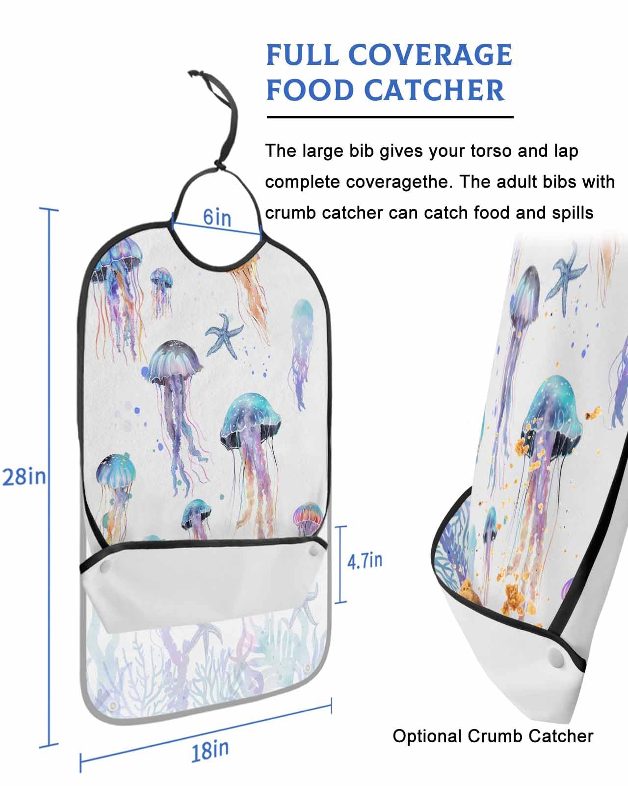 Blue Jellyfish Adult Bib for Adults Men, Women, Coastal Starfish Coral Ocean Seaweed Washable & Adjustable Terry Cloth Bib with Crumb Catcher Reusable Waterproof Clothing Clothes Protector Apron