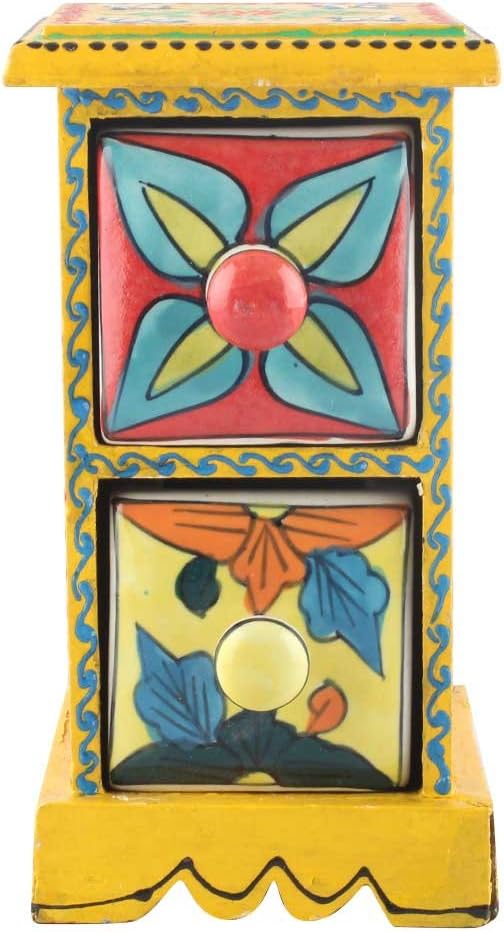 Indian Shelf 1 Piece Vocalforlocal Handmade Multicolor Wooden 2 Vertical Drawers Floral Pattern Spice Box Seasoning Masala Organizer Rack Jewellery Container