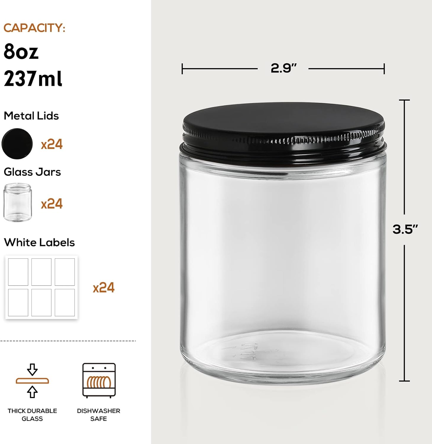 24 Pack, 8 OZ Thick Glass Jars with Metal Lids, Clear Round Candle Making Jars,Empty Food Storage Containers, Mason Canning Jar For Spice, Powder, Liquid, Sample, Lotion, Cosmetic,Dishwasher Safe