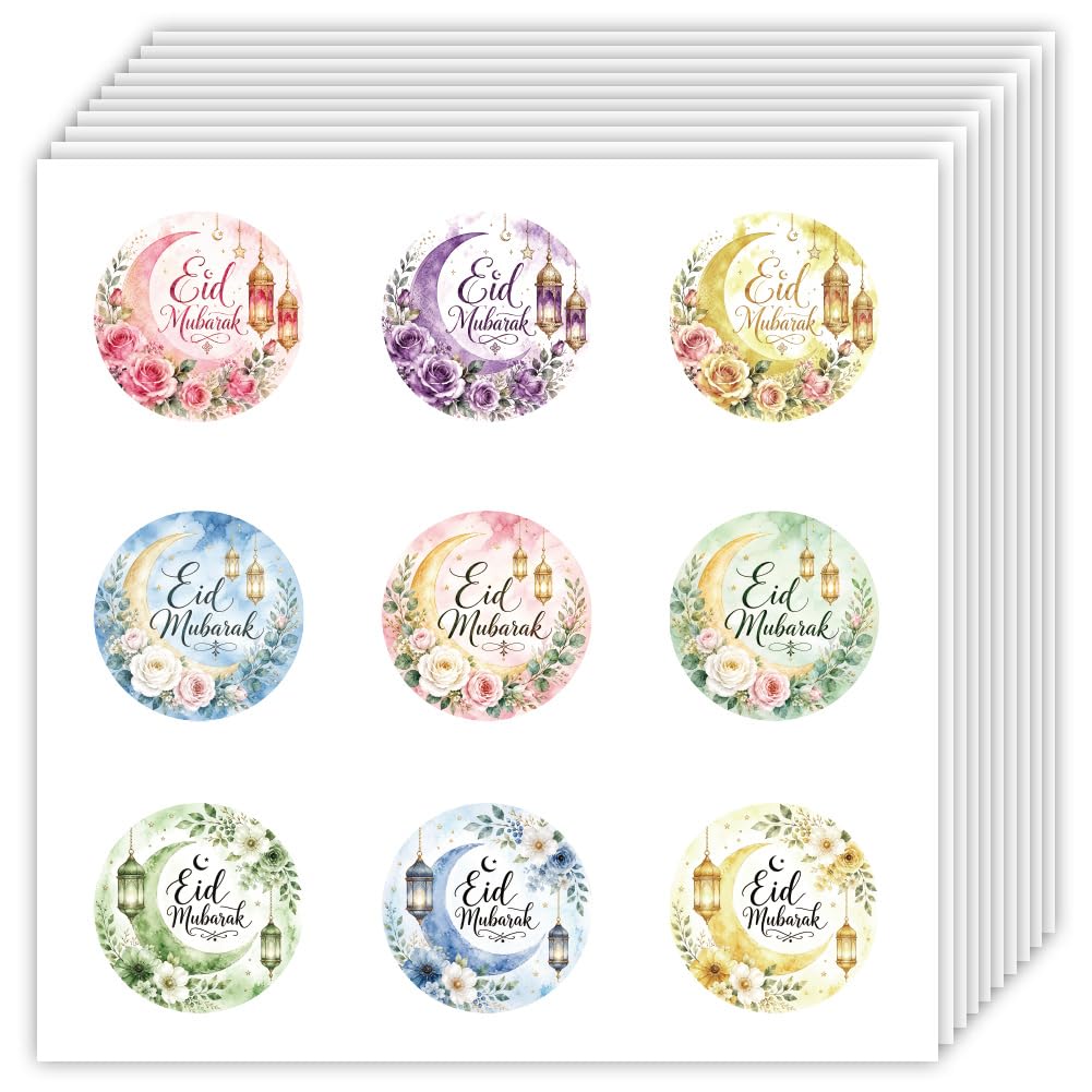 OLYCRAFT 180Pcs Eid Mubarak Stickers 20 Sheets Round Ramadan Self-Adhesive Scrapbooking Stickers Crescent Moon Floral Decorative Labels Paper Sticker Up to 2.7x2.7cm for DIY Journal Planner Calendars