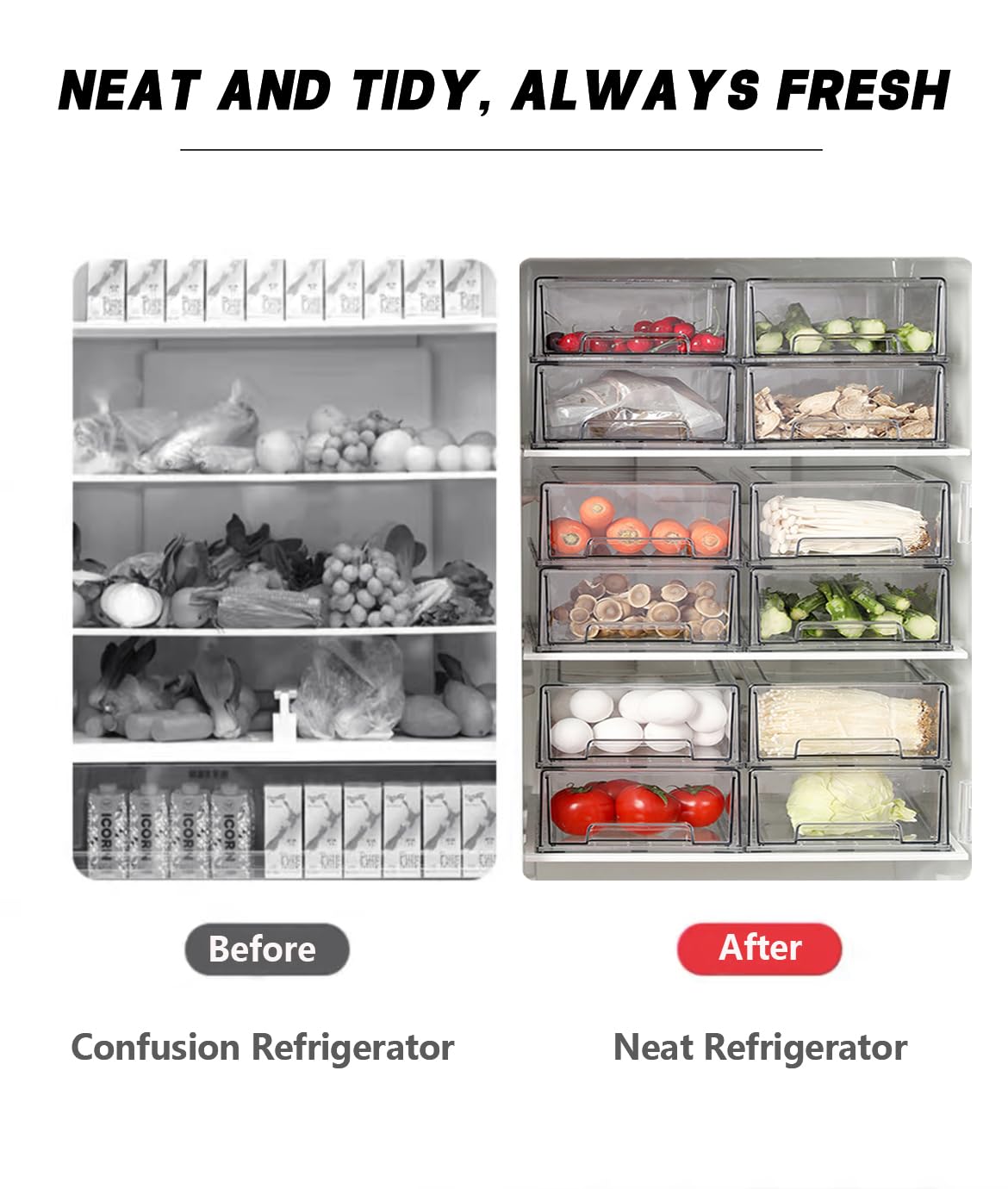 Cajones de almacenamiento apilables, organizador extraíble transparente con asas y almohadillas antideslizantes para cocina, refrigerador, escritorio de oficina, despensa y estantes, perfecto para 5