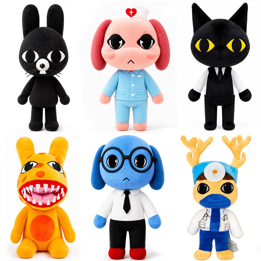 Animal Hospital Peluche da collezione ispirato al gioco (6 pezzi) | Set di peluche ispirato al gioco dell'ospedale con cotone PP, dettagli ricamati e design sicuro per giochi di ruolo