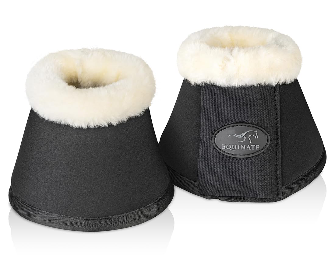 Equinate Hufglocken Furlyn mit synthetischem Lammfell L Schwarz - Robuste und stoßdämpfende Neopren Springglocken - Hufschutz für Training und Turniere - 2er Set
