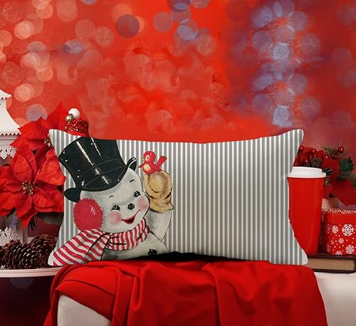 Miniatura 7 de Juego de 4 fundas de almohada decorativas de Navidad de 12 x 20 pulgadas, diseño de rayas grises, Papá Noel, muñeco de nieve, copo de nieve, feliz