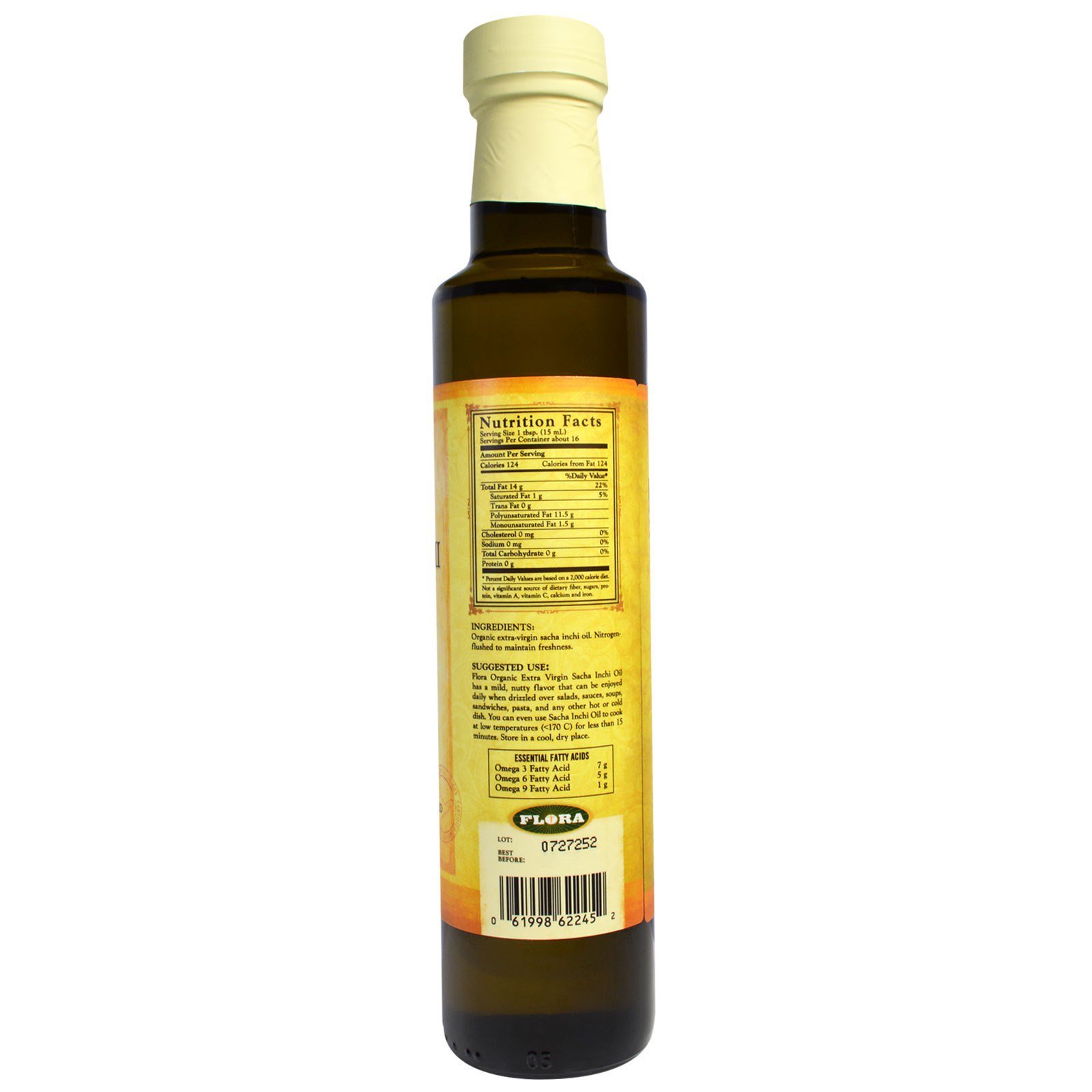 Flora - Organic Sacha Inchi Oil, Unrefined, Cold Pressed from Sacha Inchi Seeds, Mild & Nutty Taste, Essential Fatty Acids, Omega 3, 6, 9, 8.5-oz. Glass Bottle