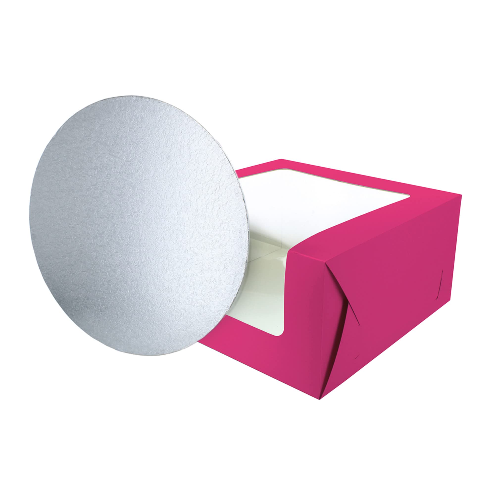 Baked With Love Pink,Silver Pink Cake Box And Board, 10 Inch Colourful Windowed Treat Box And Silver Card For Birthday, Celebrations, Parties. 10'' Box And Board, Pink, Silver (90279)