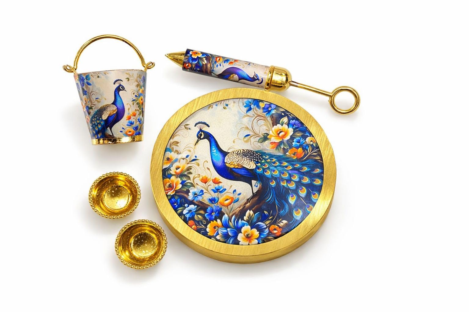 Laddu Gopal Holi Puja Thali Plate Platter 5 Piece Set with Balti, Pichkari, 2 Bowls | Radha Krishna Peacock Pichwai Holi Puja Item Nand Utsav Gift (Peacock Holi Platter 5 Pcs Set)