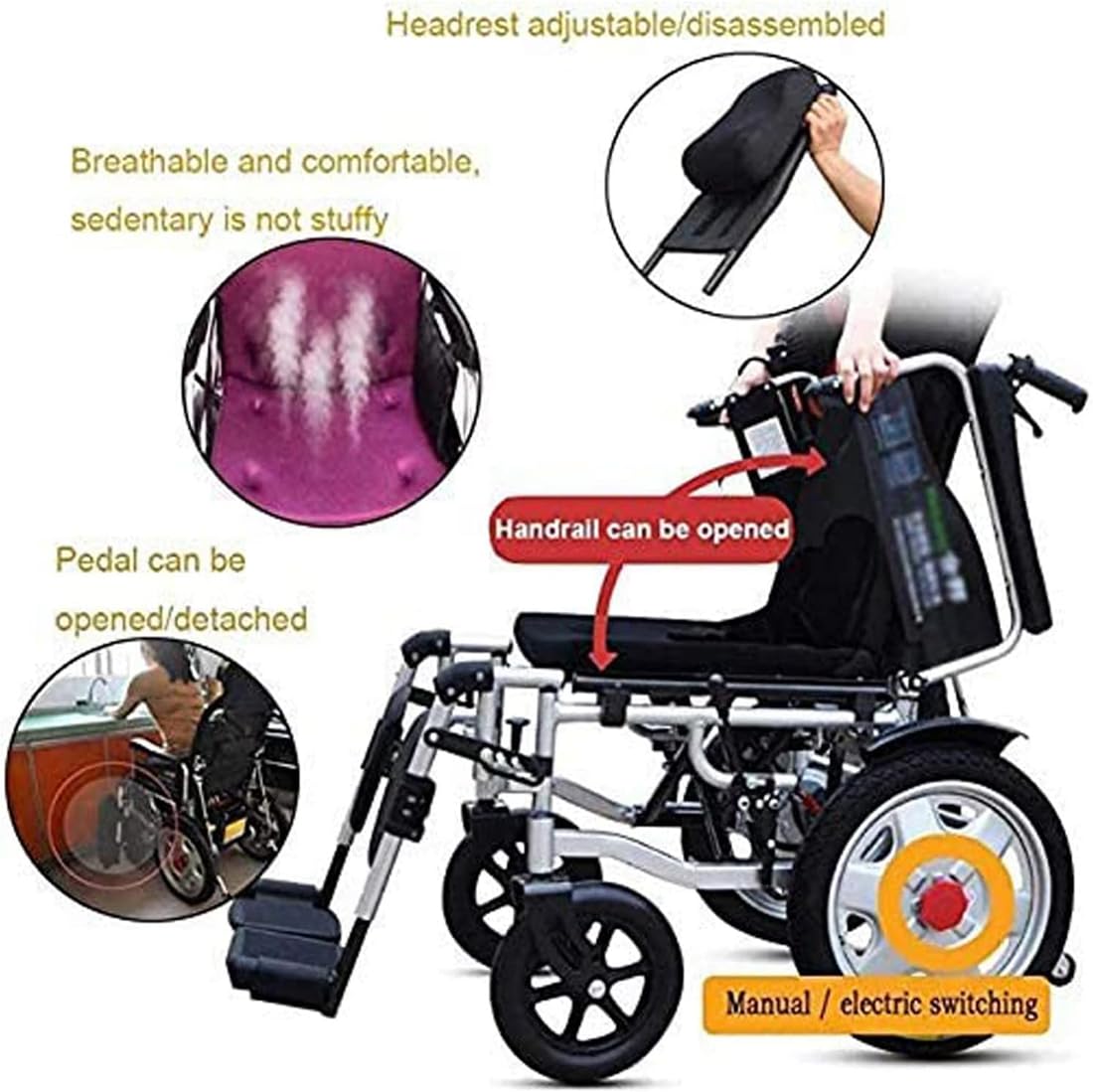 Elektryczny wózek inwalidzki z zagłówkiem, dwufunkcyjny składany elektryczny wózek inwalidzki, IDEALNY dla osób niepełnosprawnych i starszych, wytrzymuje 120 kg,Red 20a