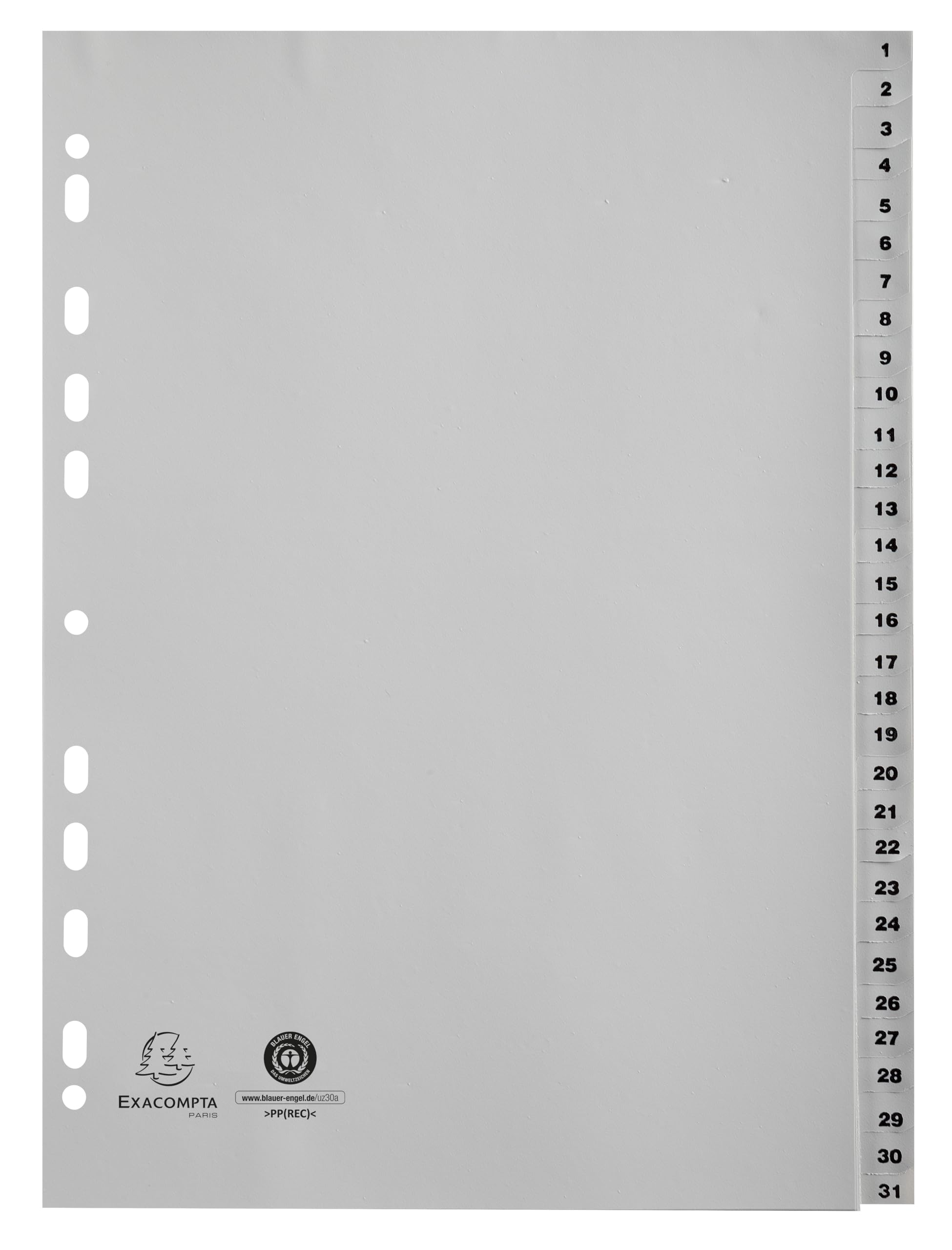 Exacompta - Rif. 1931E - Cartone da 20 divisori in polipropilene riciclato, con 31 linguette stampate digitali da 1 a 31, formato A4, dimensioni 22,5 x 29,7 cm, certificato angelo blu