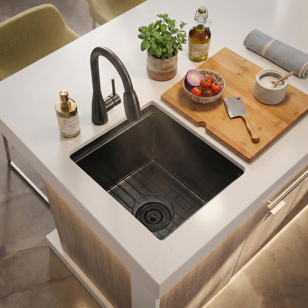 LQS Black Stainless Steel Undermount Bar Sink, 15" x 17" Small Wet Bar Sink and RV Kitchen Sink Workstation, 16 Gauge Stainless Steel Kitchen Sink with Abundant Accessories For RV, Outdoor, Coffee Bar